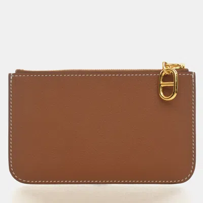 Pre-owned Hermes Zipengo Gold Evercolor Calfskin Leather Card Holder In Brown
