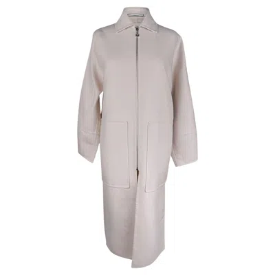 Pre-owned Hermes Zipped Double Sided Cashmere Coat Blanc Cordage 36 In Gray