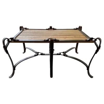 Pre-owned Hermes /adnet Inspired Iron Belt Cocktail Table, Iron Base, Wood Top, Great Style In Brown