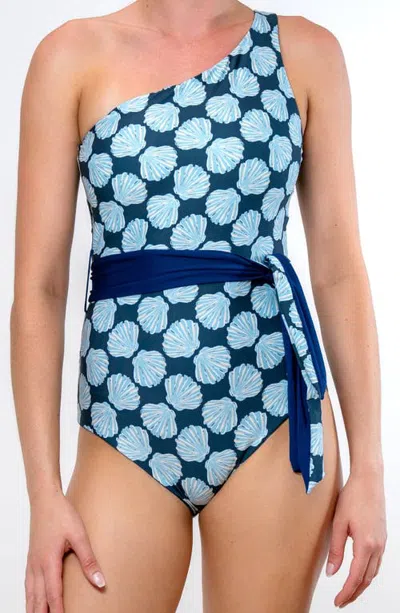 Hermoza Belted Johanna One Shoulder Reversible One Piece Swimsuit In Shell Chest Navy