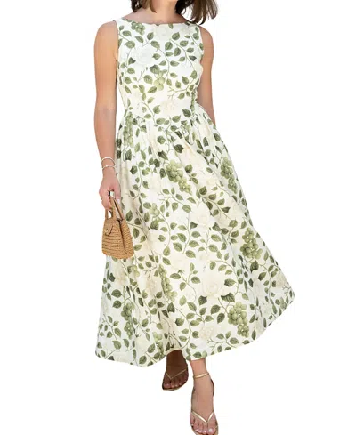 Hermoza Victoria Boat Neck Linen Midi Dress In Green