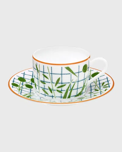 Pre-owned Herms A Walk In The Garden Teacup & Saucer Set In Green Pattern