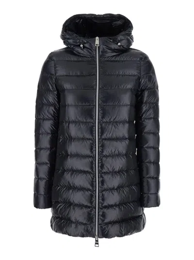 HERNO BLACK DOWN JACKET WITH FIXED HOOD AND TWO FRONT WELT POCKETS WITH ZIP IN TECH FABRIC WOMAN