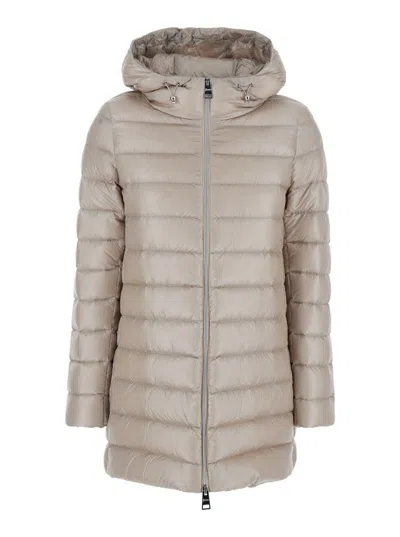 HERNO BEIGE DOWN JACKET WITH DRAWSTRING HOOD IN TECH FABRIC WOMAN