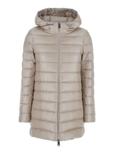 HERNO BEIGE DOWN JACKET WITH DRAWSTRING HOOD IN TECH FABRIC WOMAN