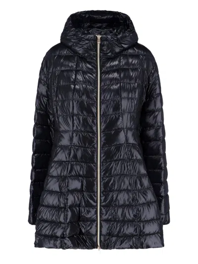 Herno Hooded Long Quilted Jacket Shiny Finish In Black