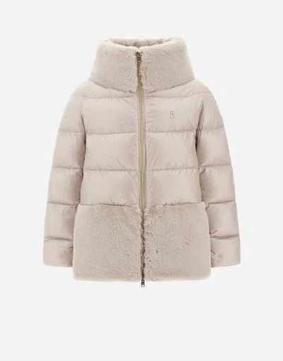 Herno A-shape Jacket In Nylon Ultralight And Soft Faux Fur In Chantilly