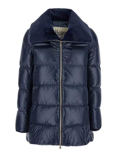 HERNO BLUE DOWN JACKET WITH FUR COLLAR AND QUILTED DESIGN IN TECH FABRIC WOMAN