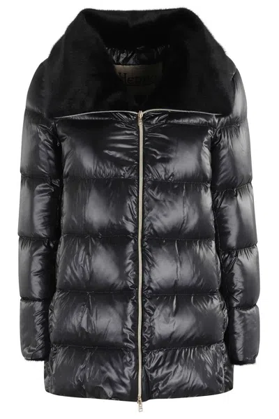 HERNO A-SHAPE PUFFER JACKET WITH FAUX FUR COLLAR