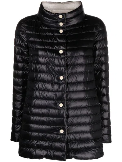 HERNO BLACK DOWN JACKET WITH SNAP BUTTONED HIGH NECK