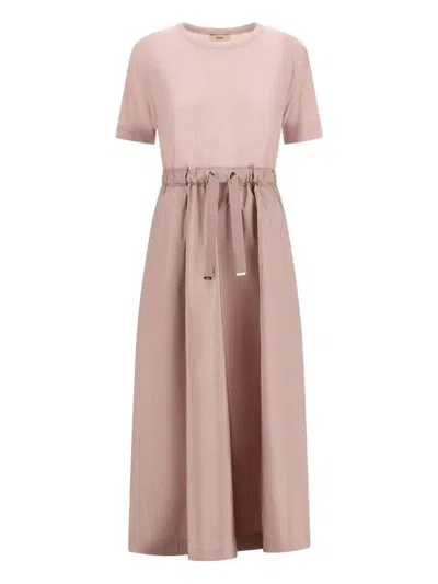 Herno Midi Dress Short Sleeves Round Neckline Drawstring In Pink