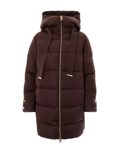 Herno A-shape Fondente Quilted Grosgrain Hooded Down Jacket In Brown
