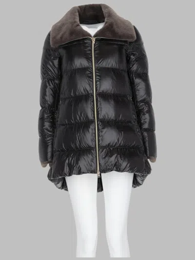 Herno Glossy Padded A-line Jacket With Flared Hem And Unique Collar In Black