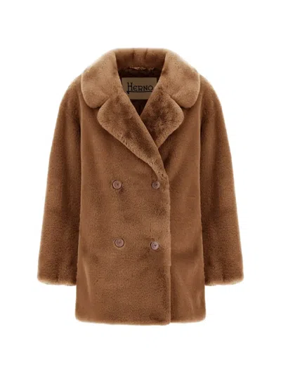 Herno Beaver-effect Faux-fur Peacoat In Brown