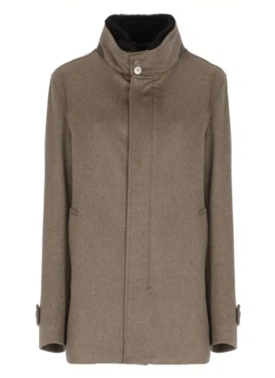 HERNO BEIGE CASHMERE COAT WITH FUR-LINED HIGH NECK