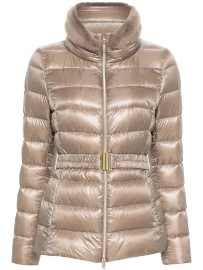 Herno Beige 'claudia' Down Jacket With Belt In Brown