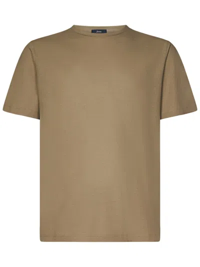 Herno Beige Crewneck T-shirt With Logo Plate In Neutrals