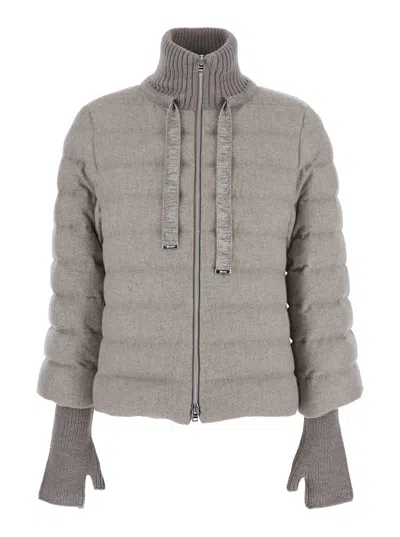 HERNO HERNO BEIGE DOWN JACKET WITH DRAWSTRING HIGH  NECK AND REMOVABLE GLOVES IN TECH FABRIC WOMAN