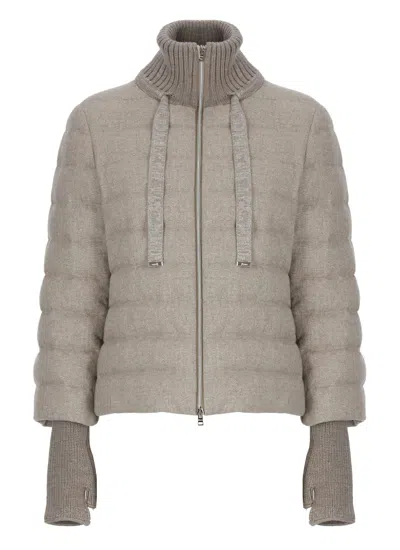 Herno Beige Down Jacket With Drawstring High  Neck And Removable Gloves In Gray