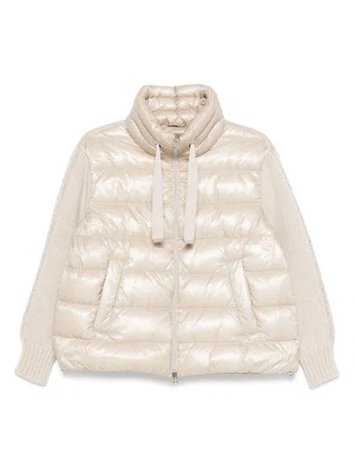 HERNO BEIGE DOWN JACKET WITH KNITTED SLEEVES HERNO