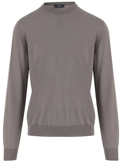 Herno Beige Wool Silk Crew Neck Knit In Brown