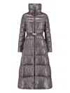 Herno Belted High Collar Long Quilted Shiny Jacket In Gray