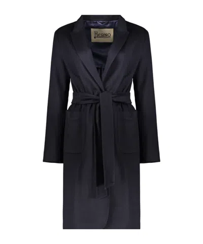 Herno Belted Cashmere Coat In Blue