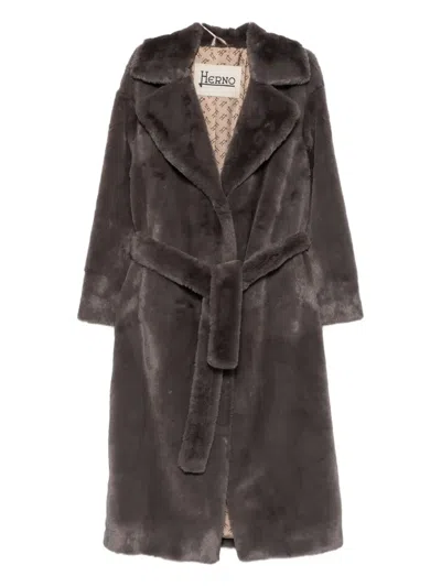 Herno Long Faux Fur Coat With Belted Waist In Black