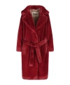 Herno Long Faux Fur Coat With Belted Waist In Red