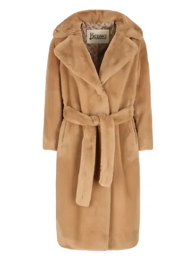 Herno Belted Faux-fur Coat In Brown