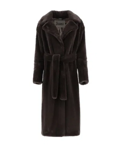 Herno Belted Faux-fur Coat In Brown