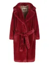 Herno Long Faux Fur Coat With Belted Waist In Red