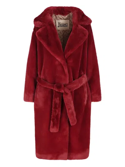 Herno Long Faux Fur Coat With Belted Waist In Red