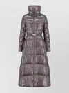 Herno Belted High Collar Long Quilted Shiny Jacket In Gray