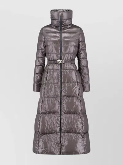 HERNO BELTED HIGH COLLAR LONG QUILTED SHINY JACKET