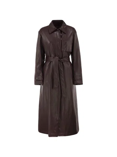 Herno Bordeaux Faux Leather Pointed Collar Viscose Trench Coat In Brown