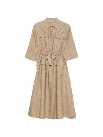 Herno Belted Linen Midi Dress In Brown