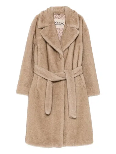 Herno Belted Textured Coat In Brown