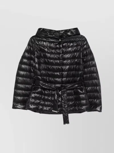 Herno Belted Waist Hooded Long Quilted Shiny Jacket In Black