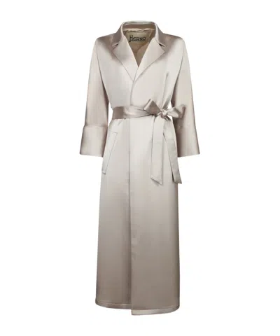 Herno Belted Waist Wrap Satin Coat In Gray