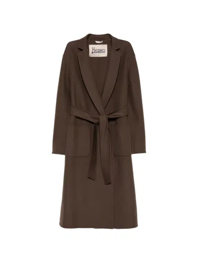 Herno Belted Wool Coat In Brown
