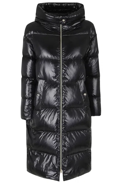 Herno Black Crew Neck Gold Buttons Hooded Polyamide Down Jacket