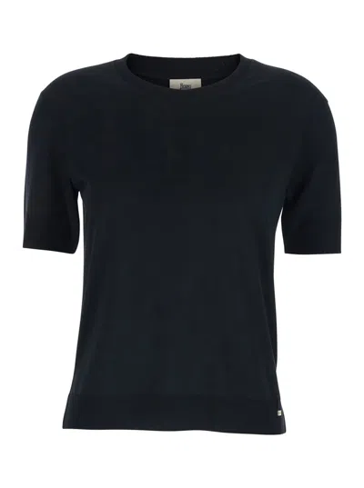 Herno Black Crewneck T-shirt With Logo Plaque On The Front In Cotton Blend Woman In Blue