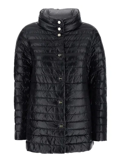 HERNO BLACK DOWN JACKET WITH SNAP BUTTONED HIGH NECK IN TECH FABRIC WOMAN