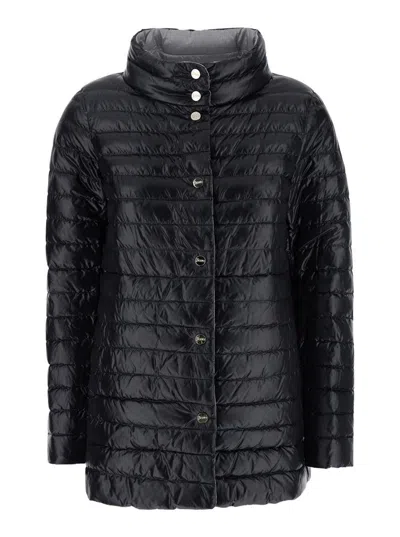 HERNO BLACK DOWN JACKET WITH SNAP BUTTONED HIGH NECK IN TECH FABRIC WOMAN