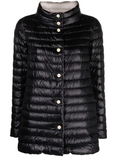 HERNO BLACK DOWN JACKET WITH SNAP BUTTONED HIGH NECK IN TECH FABRIC WOMAN