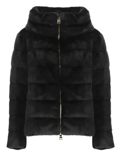 HERNO BLACK FAUX FUR QUILTED DOWN JACKET
