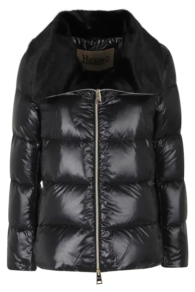 Herno Black Faux Fur Wide Lapel Collar Polyamide Down Jacket