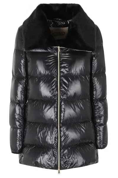 Herno Black Fur-lined Collar Striped Quilted Polyamide Down Jacket