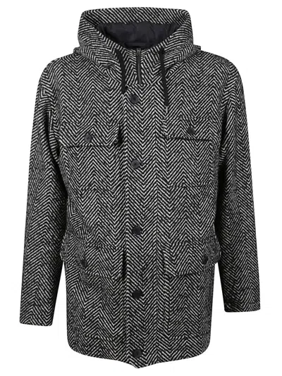 HERNO BLACK HERRINGBONE PATTERN COAT WITH STRUCTURED SILHOUETTE